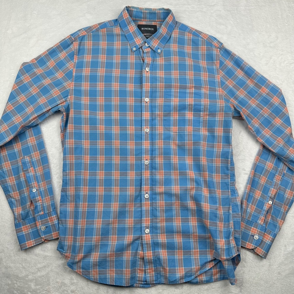 Bonobos Mens Medium Slim Fit Plaid Button Down Shirt Blue Orange Cotton